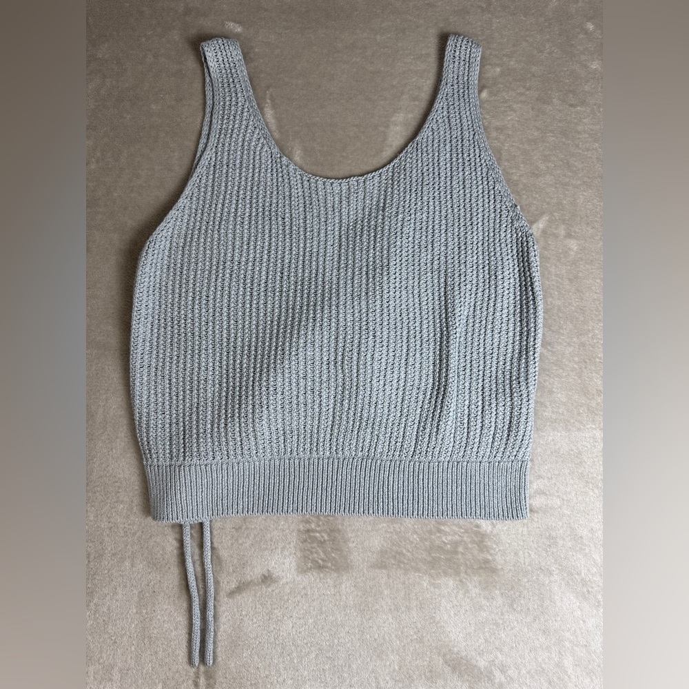 New Vince Tank Top Large Crossover Ribbed Cotton Sweater Gray‎ Fog Knit Side Tie - Picture 4 of 13